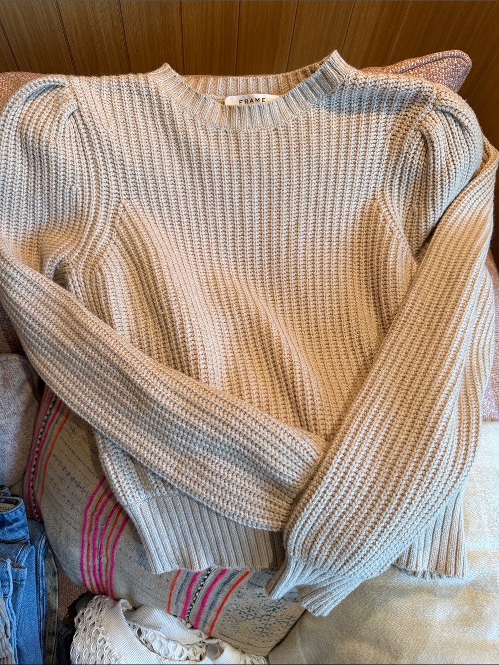 Frame Denim Beige Ribbed Puff-Sleeve Crewneck Sweater